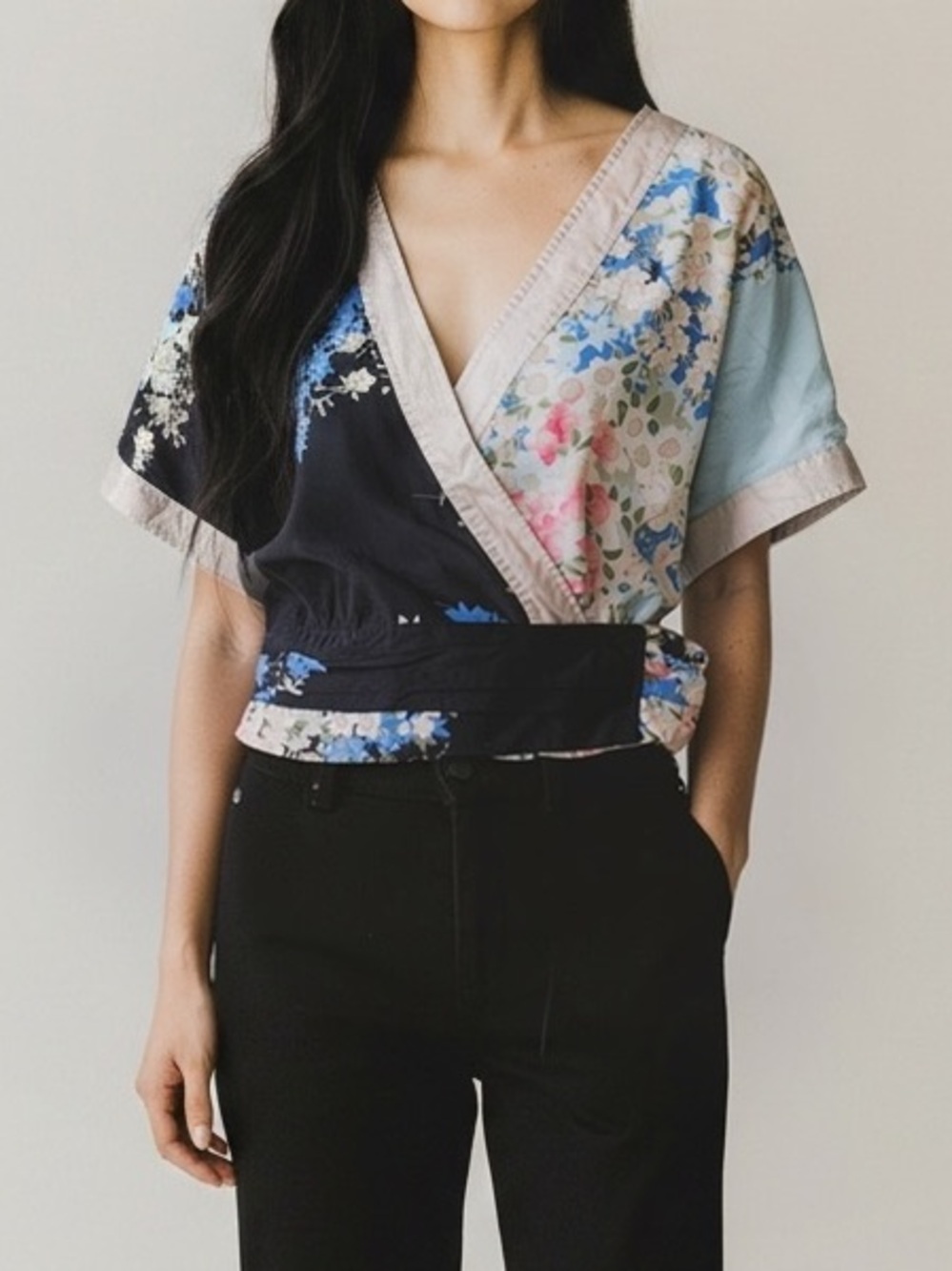 Odille Mixed Floral Wrap Top in Black, Blue, Pink